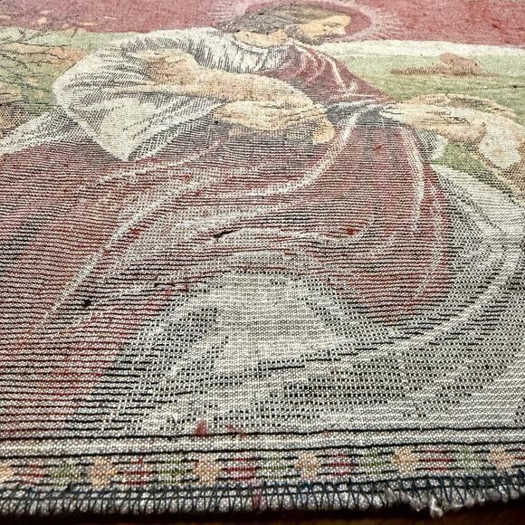 VTG 1970s Jesus The Good Shepherd Christian Tapestry Rug Wall Hanging 43”x 20” - Picture 13 of 16